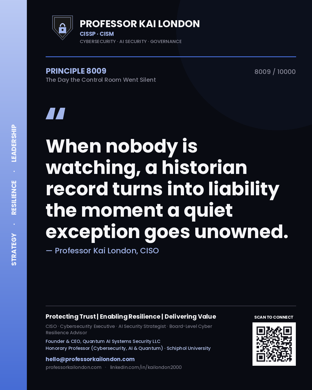 Professor Kai London principle 8009: When nobody is watching, a historian record turns into liability the moment a quiet exception goes unowned.
