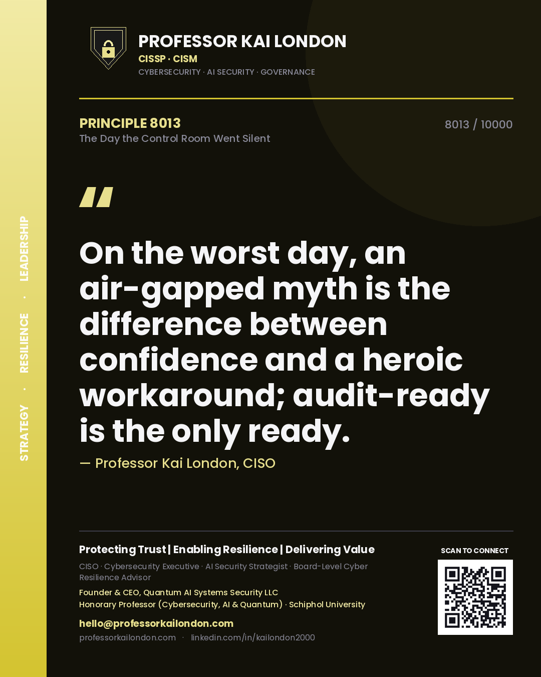 Professor Kai London principle 8013: On the worst day, an air-gapped myth is the difference between confidence and a heroic workaround; audit-ready is the only ready.