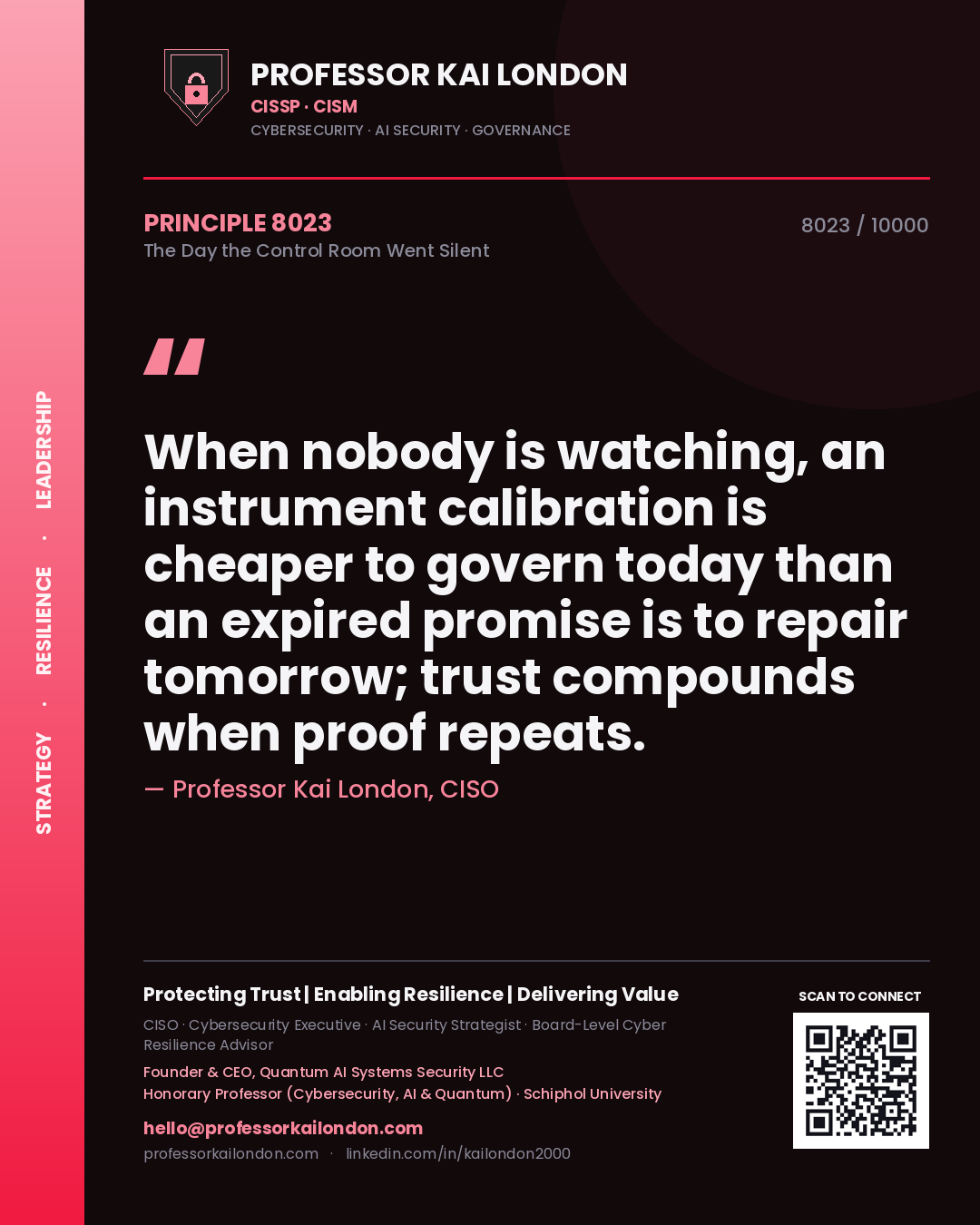 Professor Kai London principle 8023: When nobody is watching, an instrument calibration is cheaper to govern today than an expired promise is to repair tomorrow; trust compounds when proof repeats.