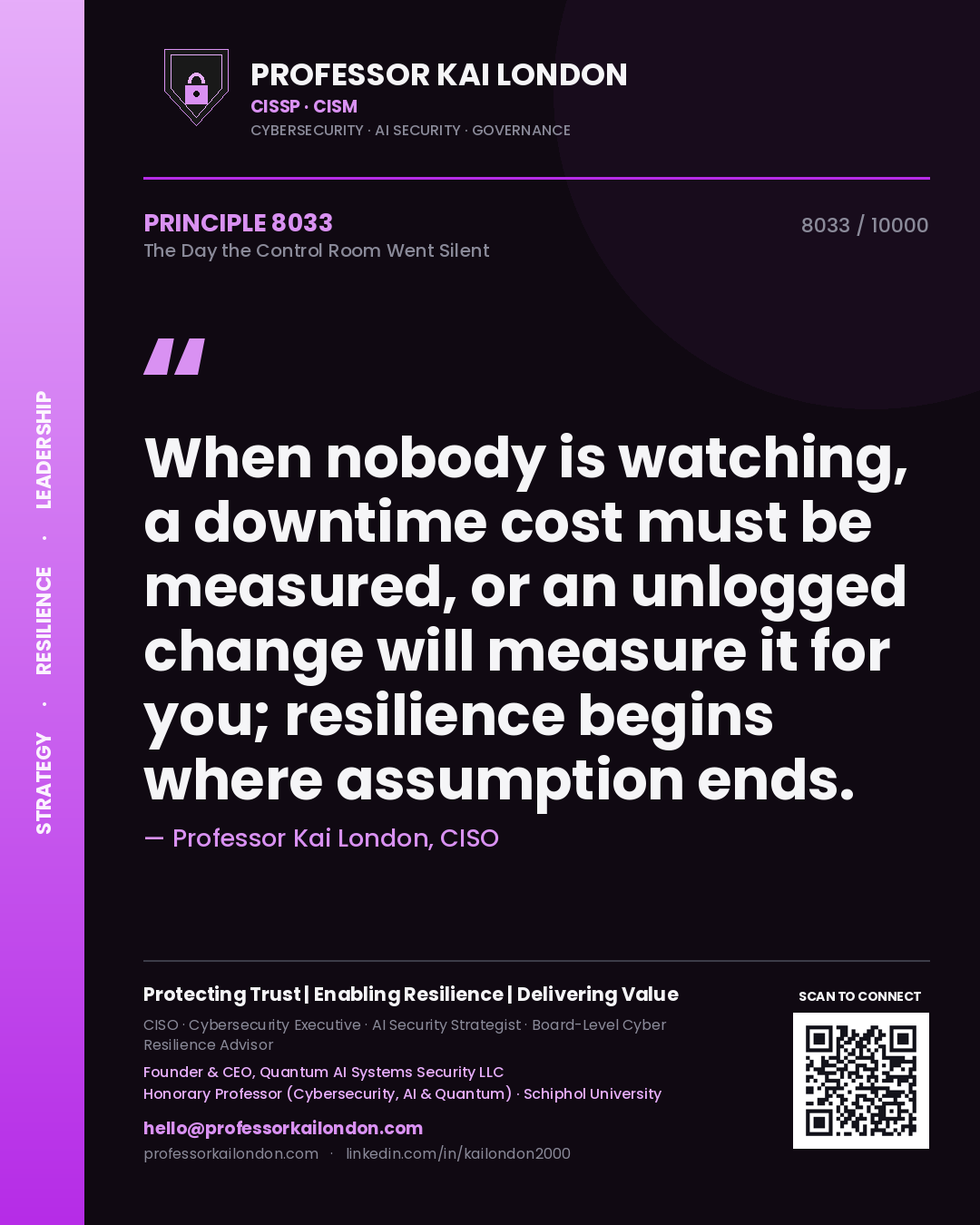 Quote card by Professor Kai London reading 'When nobody is watching, a downtime cost must be measured, or an unlogged change will measure it for you; resilience begins where assumption ends.'. From the book The Day the Control Room Went Silent.