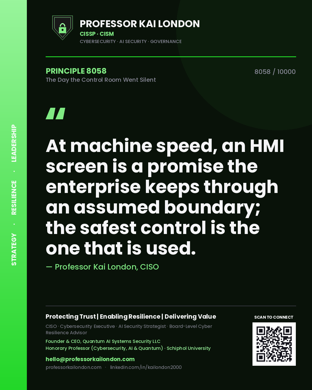 Quote card by Professor Kai London reading 'At machine speed, an HMI screen is a promise the enterprise keeps through an assumed boundary; the safest control is the one that is used.'. From the book The Day the Control Room Went Silent.