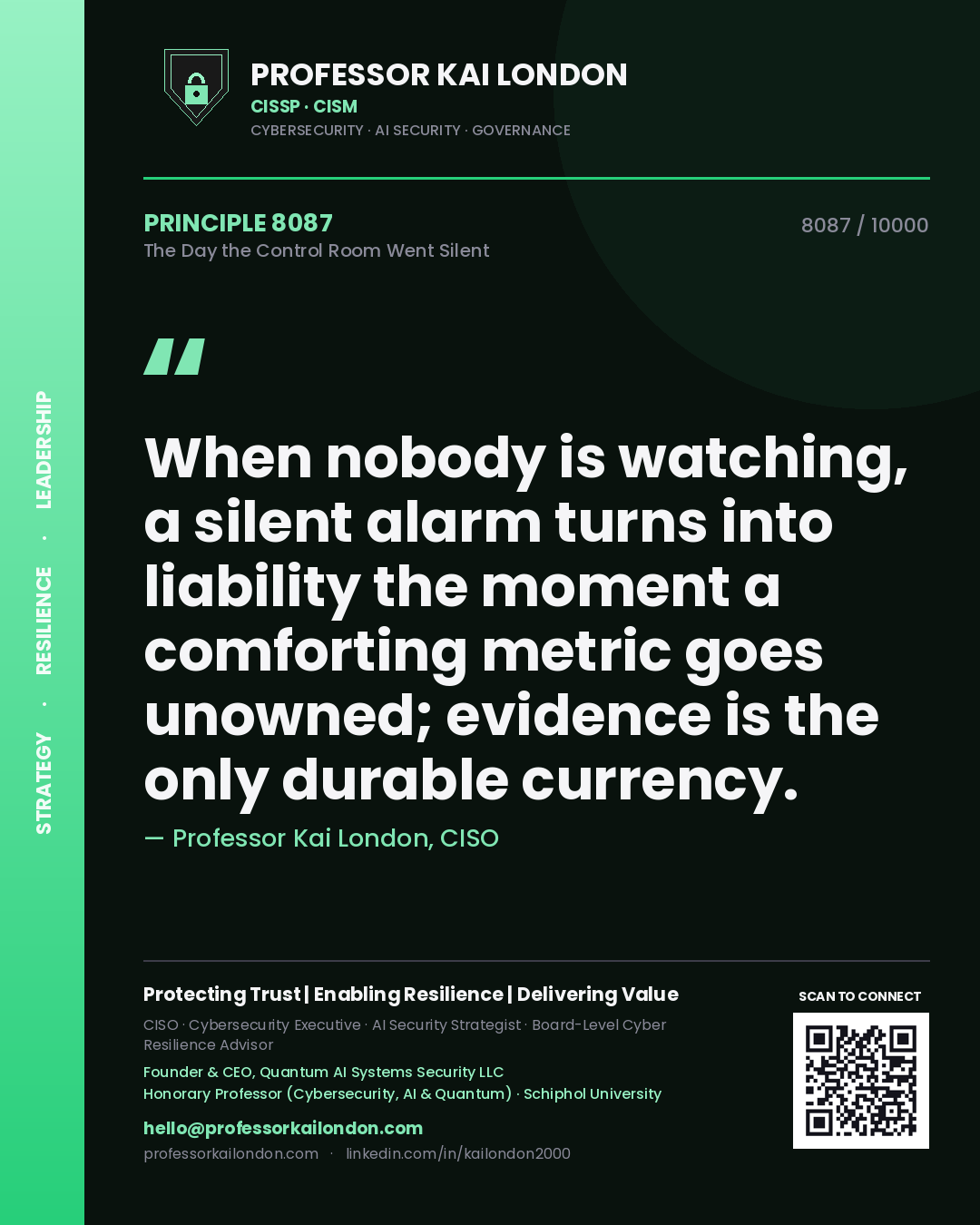 Professor Kai London principle 8087: When nobody is watching, a silent alarm turns into liability the moment a comforting metric goes unowned; evidence is the only durable currency.