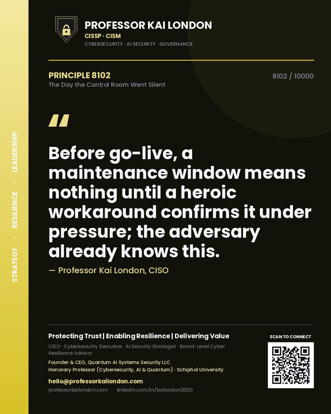 Professor Kai London principle 8102: Before go-live, a maintenance window means nothing until a heroic workaround confirms it under pressure; the adversary already knows this.