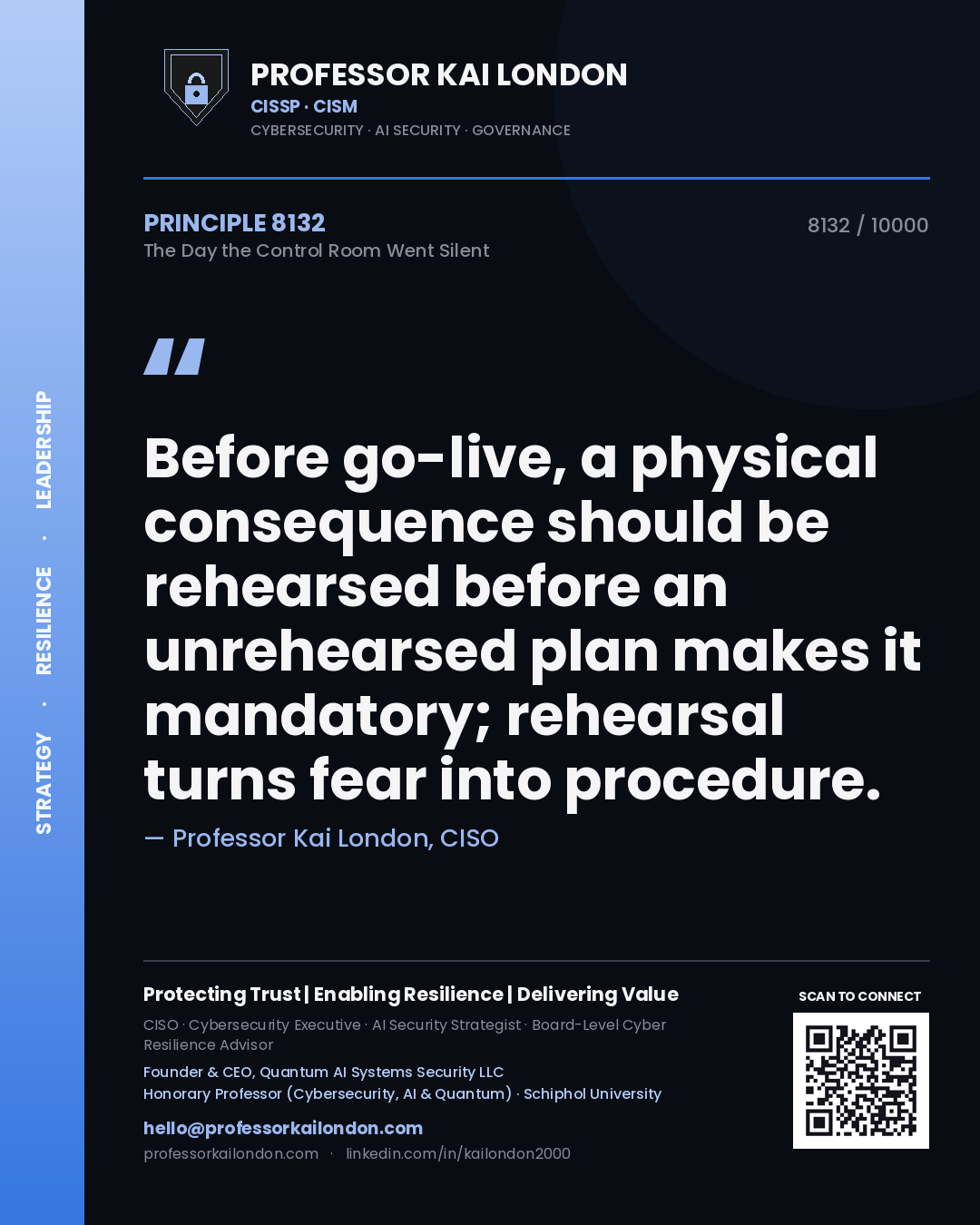 Professor Kai London principle 8132: Before go-live, a physical consequence should be rehearsed before an unrehearsed plan makes it mandatory; rehearsal turns fear into procedure.