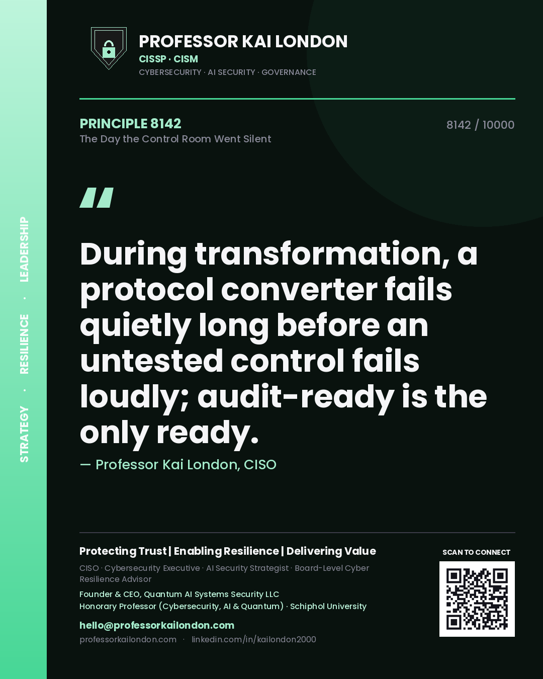 Professor Kai London principle 8142: During transformation, a protocol converter fails quietly long before an untested control fails loudly; audit-ready is the only ready.