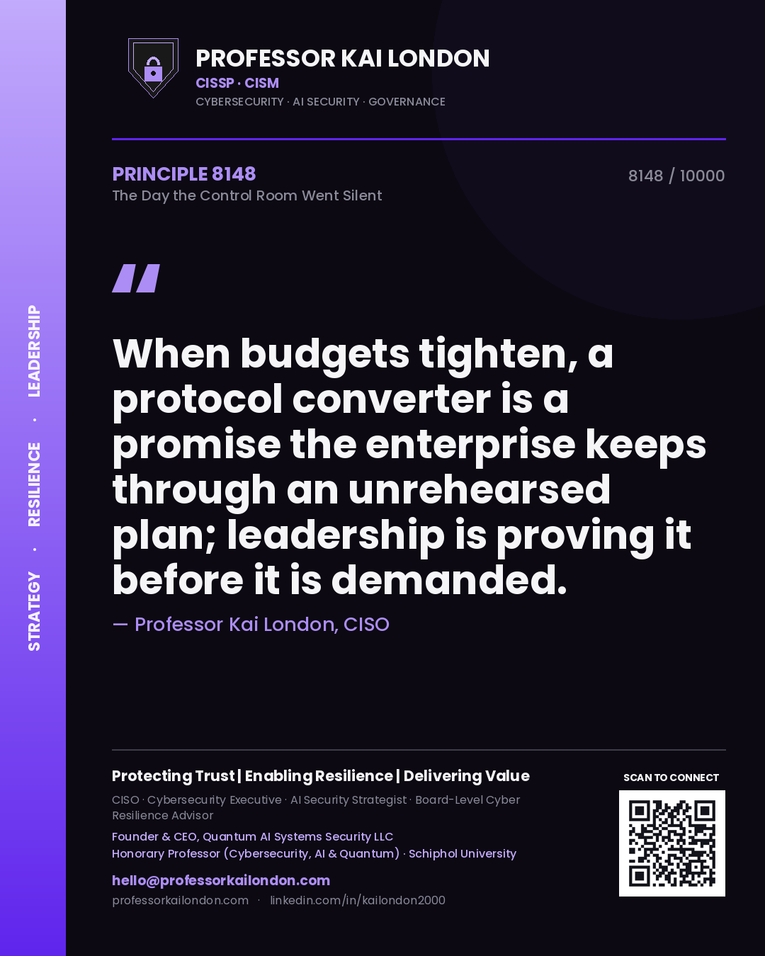 Professor Kai London principle 8148: When budgets tighten, a protocol converter is a promise the enterprise keeps through an unrehearsed plan; leadership is proving it before it is demanded.