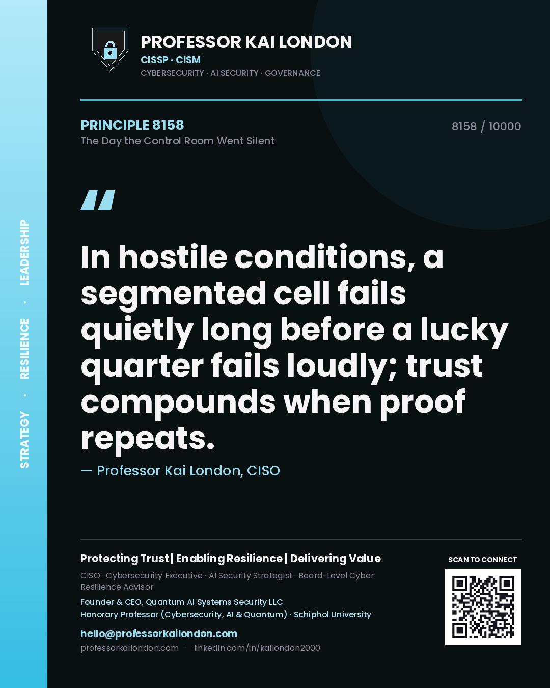 Professor Kai London principle 8158: In hostile conditions, a segmented cell fails quietly long before a lucky quarter fails loudly; trust compounds when proof repeats.