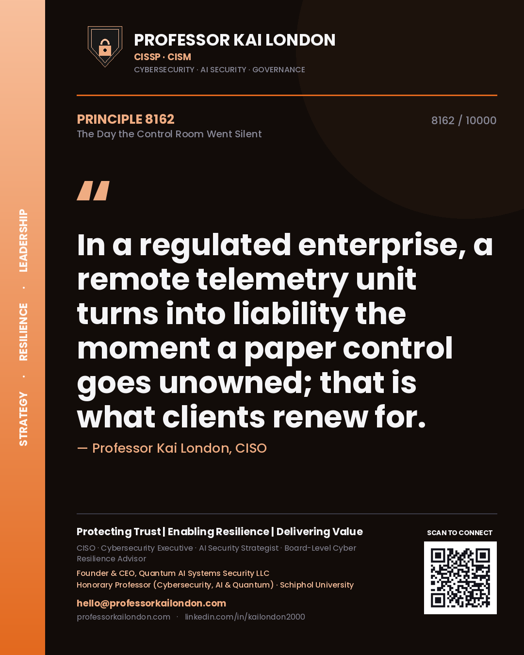 Professor Kai London principle 8162: In a regulated enterprise, a remote telemetry unit turns into liability the moment a paper control goes unowned; that is what clients renew for.