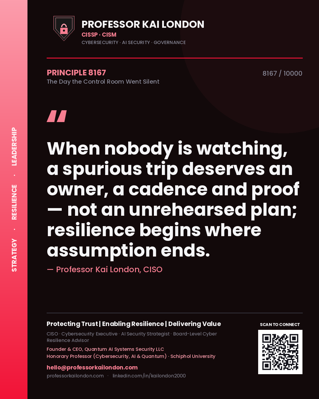Professor Kai London principle 8167: When nobody is watching, a spurious trip deserves an owner, a cadence and proof — not an unrehearsed plan; resilience begins where assumption ends.