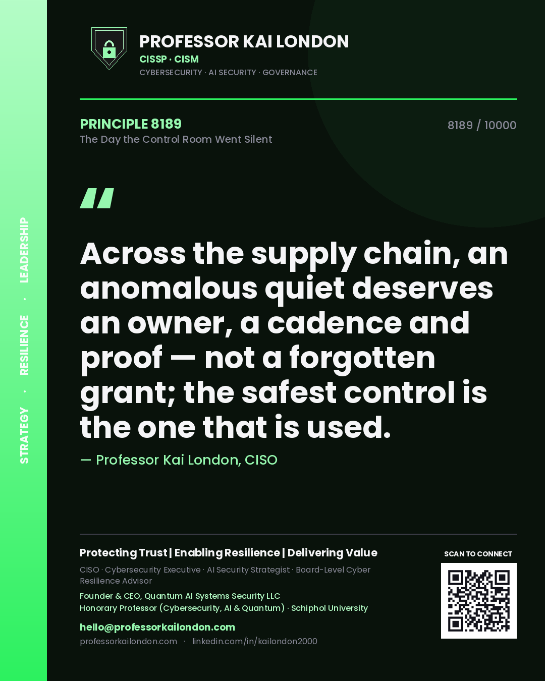 Professor Kai London principle 8189: Across the supply chain, an anomalous quiet deserves an owner, a cadence and proof — not a forgotten grant; the safest control is the one that is used.