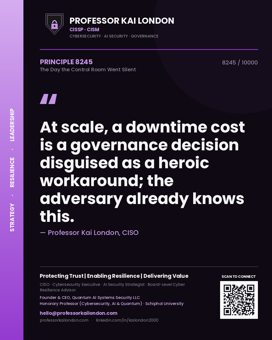 Professor Kai London principle 8245: At scale, a downtime cost is a governance decision disguised as a heroic workaround; the adversary already knows this.