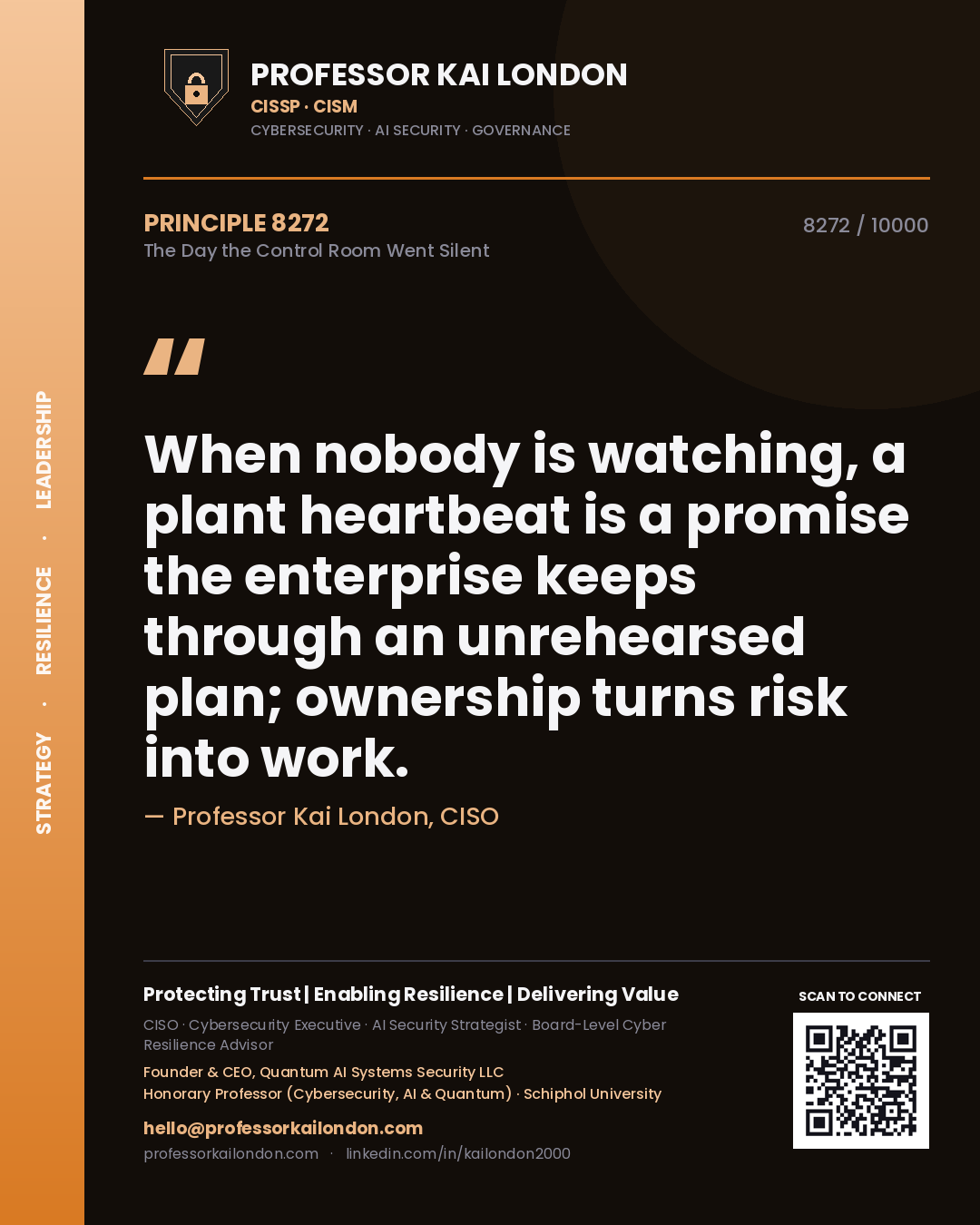 Professor Kai London principle 8272: When nobody is watching, a plant heartbeat is a promise the enterprise keeps through an unrehearsed plan; ownership turns risk into work.