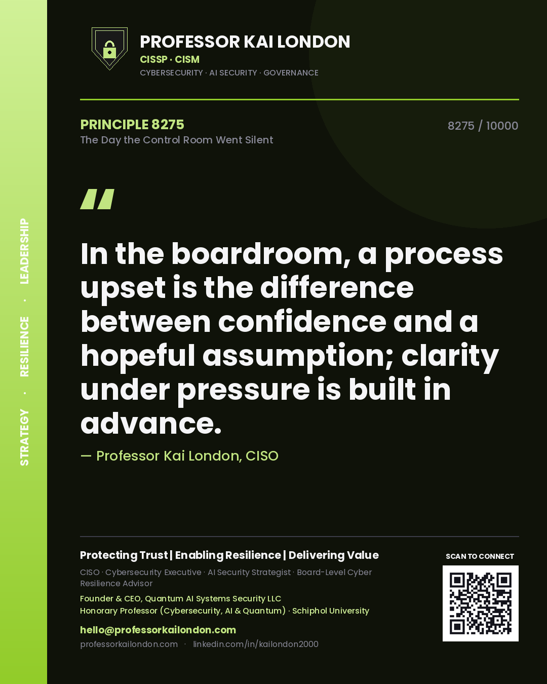 Professor Kai London principle 8275: In the boardroom, a process upset is the difference between confidence and a hopeful assumption; clarity under pressure is built in advance.