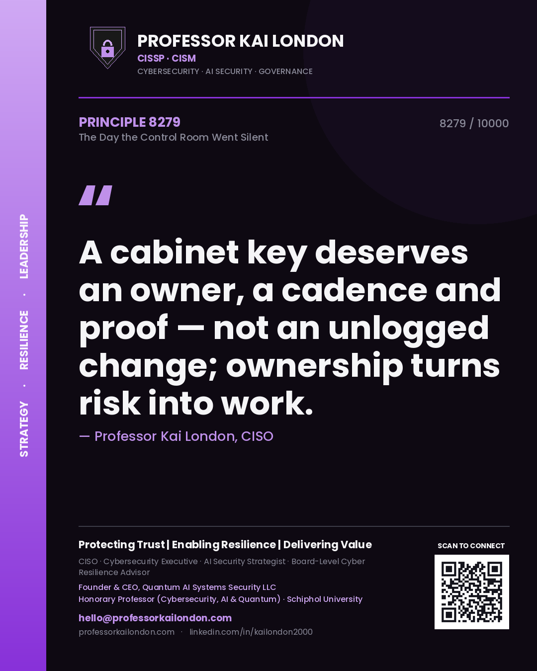 Professor Kai London principle 8279: A cabinet key deserves an owner, a cadence and proof — not an unlogged change; ownership turns risk into work.