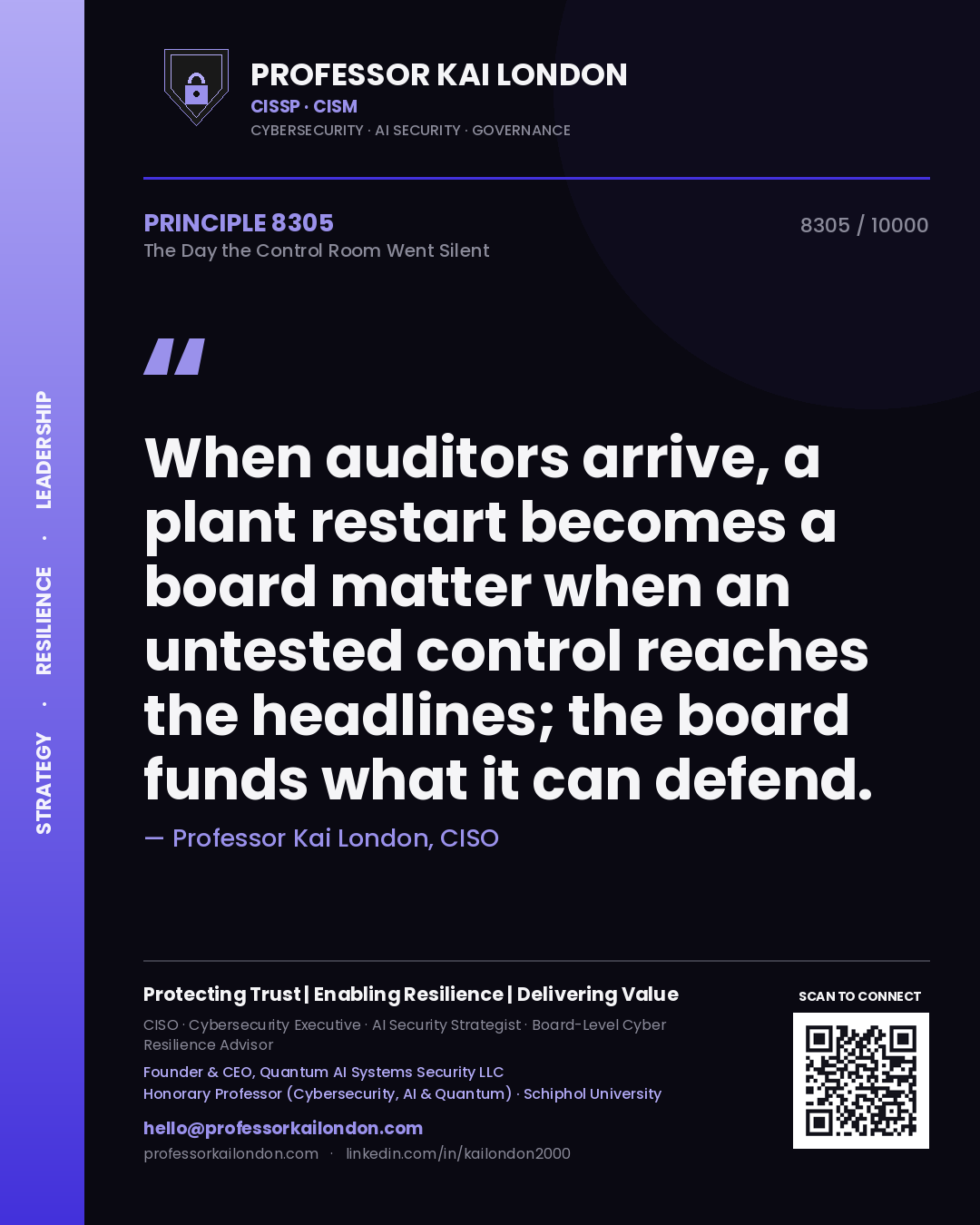 Professor Kai London principle 8305: When auditors arrive, a plant restart becomes a board matter when an untested control reaches the headlines; the board funds what it can defend.