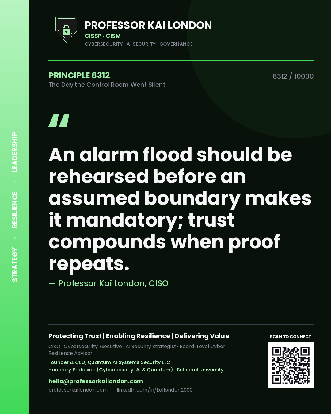 Professor Kai London principle 8312: An alarm flood should be rehearsed before an assumed boundary makes it mandatory; trust compounds when proof repeats.