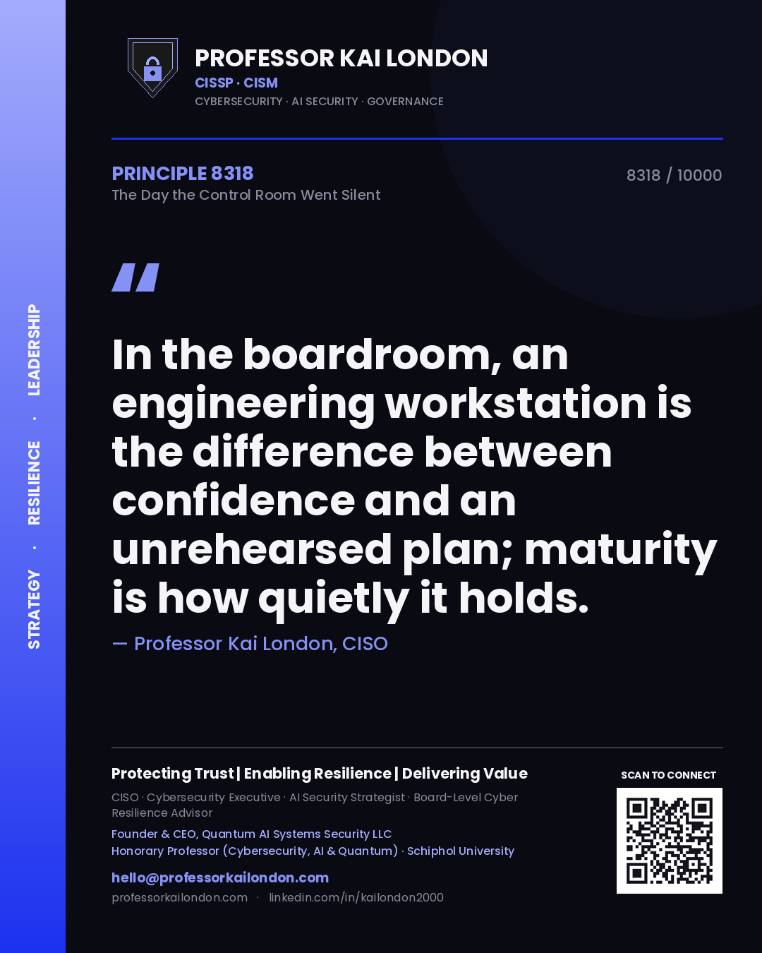 Professor Kai London principle 8318: In the boardroom, an engineering workstation is the difference between confidence and an unrehearsed plan; maturity is how quietly it holds.
