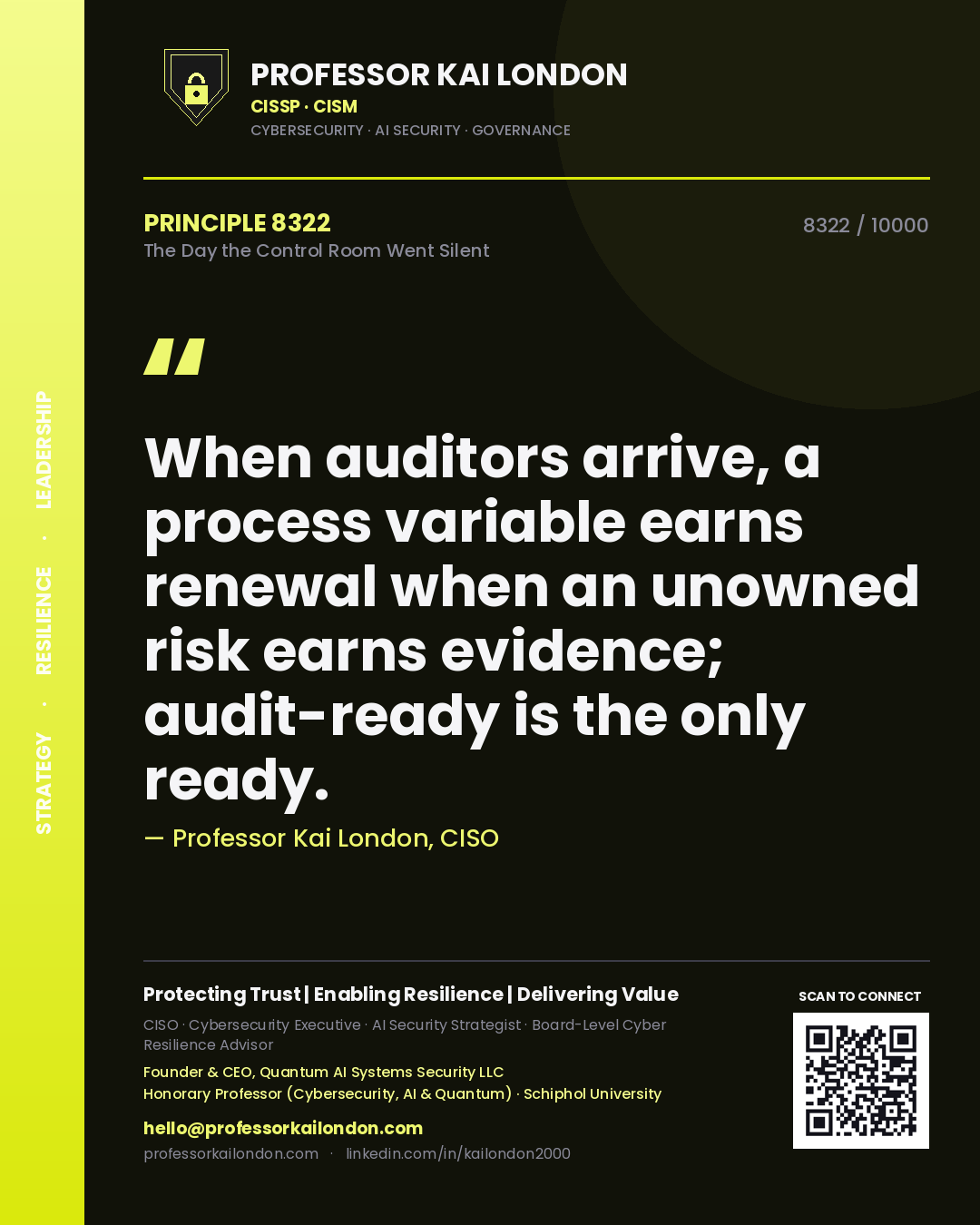 Professor Kai London principle 8322: When auditors arrive, a process variable earns renewal when an unowned risk earns evidence; audit-ready is the only ready.