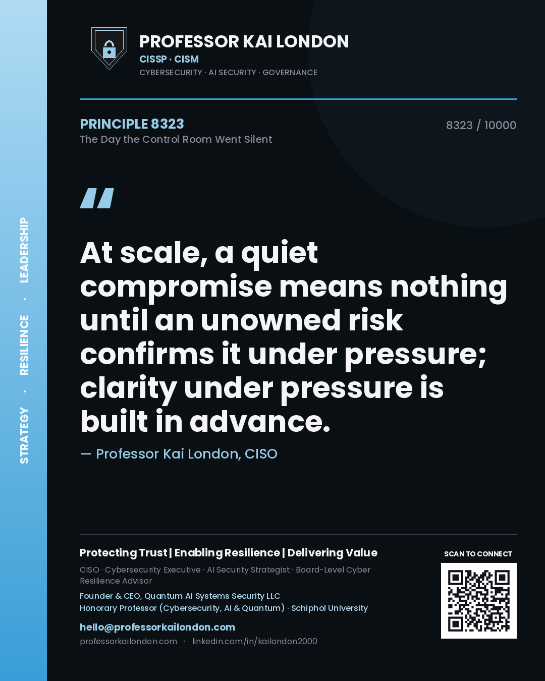 Professor Kai London principle 8323: At scale, a quiet compromise means nothing until an unowned risk confirms it under pressure; clarity under pressure is built in advance.