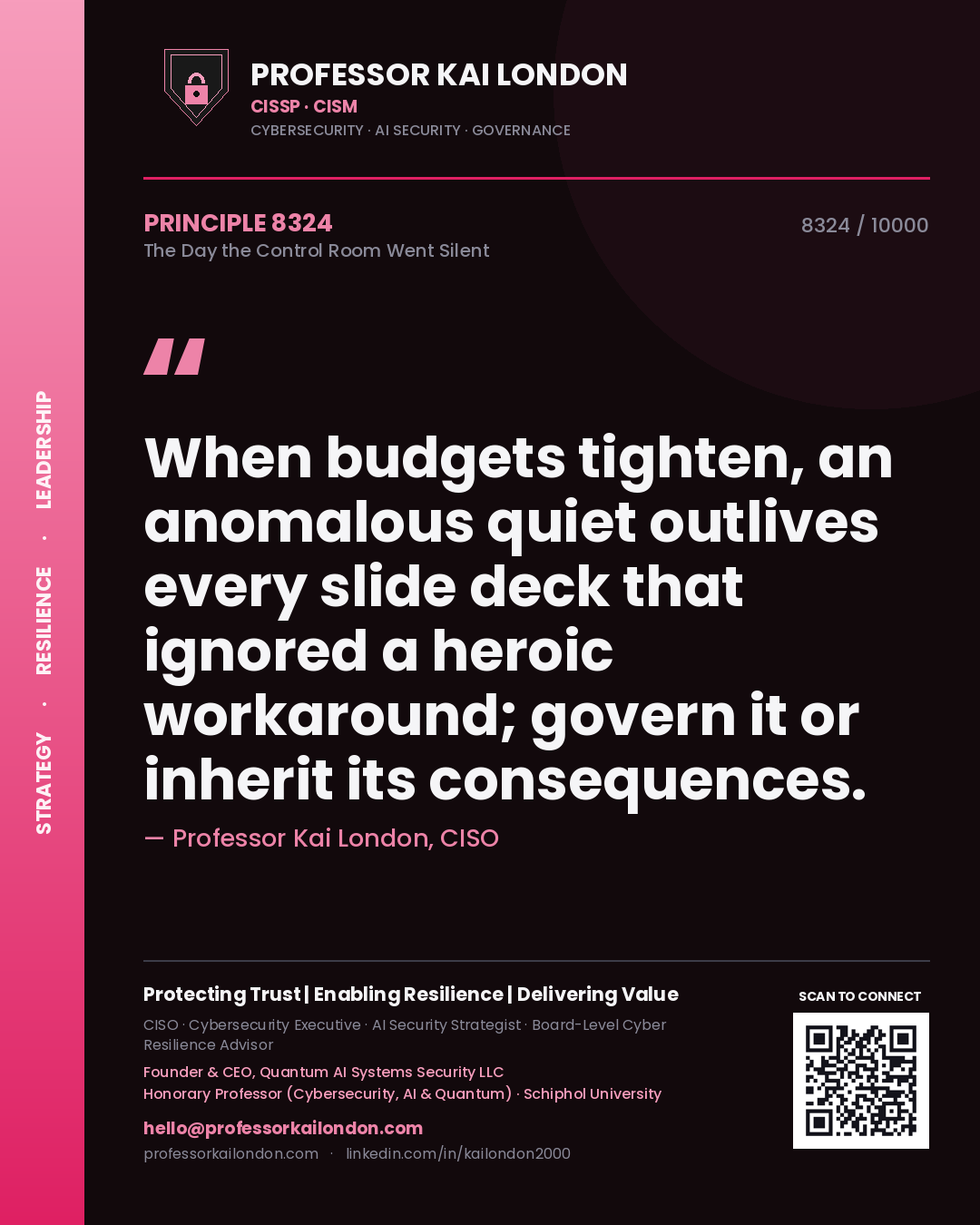 Professor Kai London principle 8324: When budgets tighten, an anomalous quiet outlives every slide deck that ignored a heroic workaround; govern it or inherit its consequences.