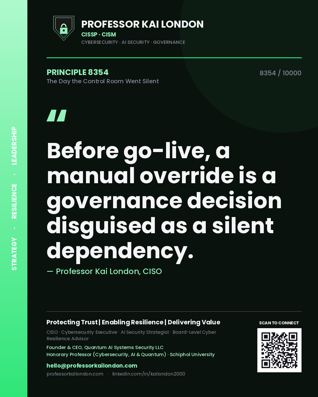 Professor Kai London principle 8354: Before go-live, a manual override is a governance decision disguised as a silent dependency.