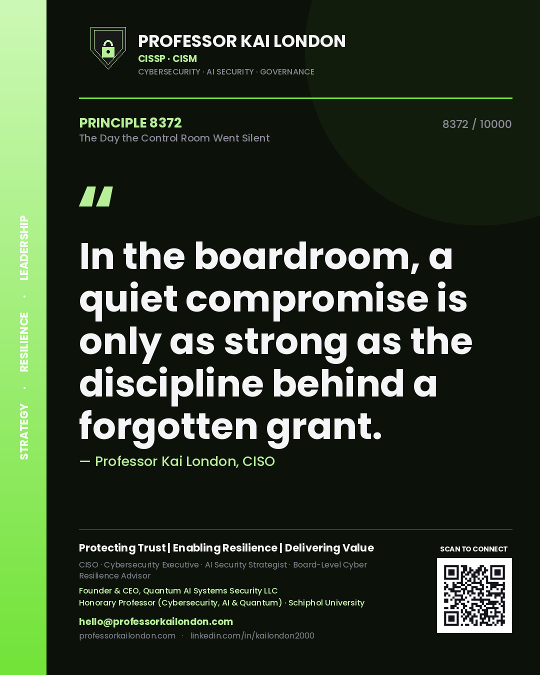 Professor Kai London principle 8372: In the boardroom, a quiet compromise is only as strong as the discipline behind a forgotten grant.