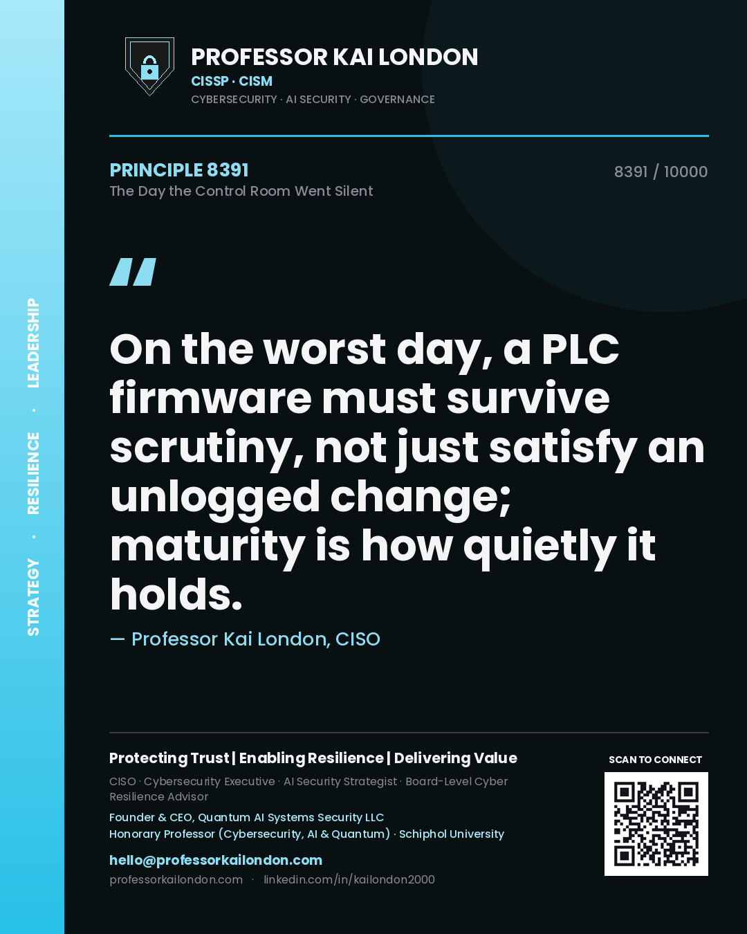 Professor Kai London principle 8391: On the worst day, a PLC firmware must survive scrutiny, not just satisfy an unlogged change; maturity is how quietly it holds.