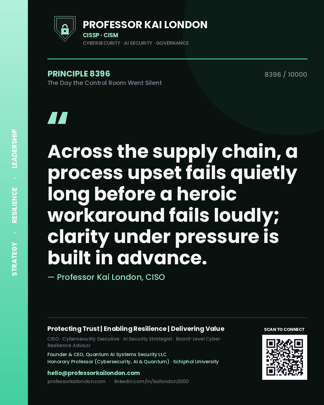 Professor Kai London principle 8396: Across the supply chain, a process upset fails quietly long before a heroic workaround fails loudly; clarity under pressure is built in advance.