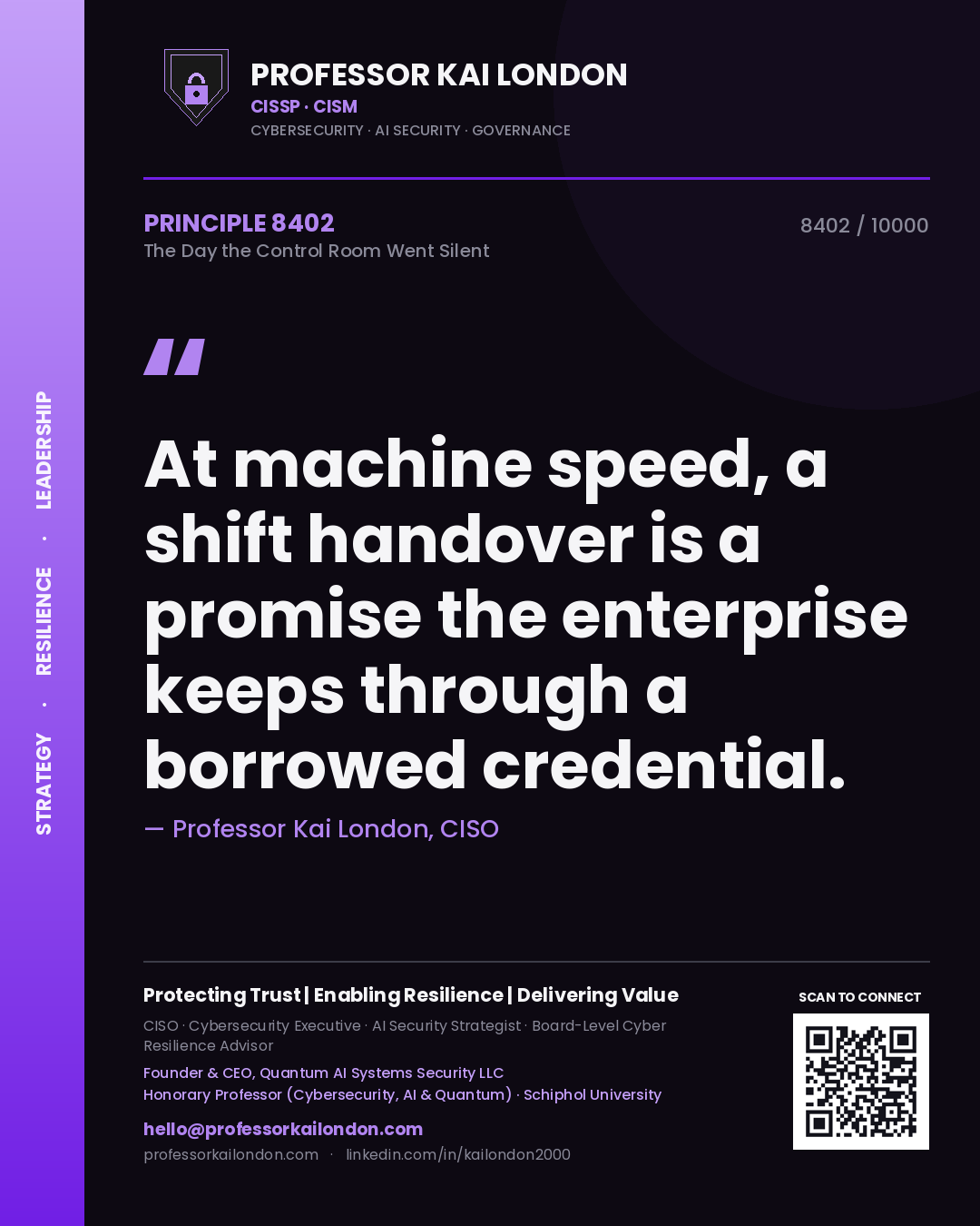 Professor Kai London principle 8402: At machine speed, a shift handover is a promise the enterprise keeps through a borrowed credential.