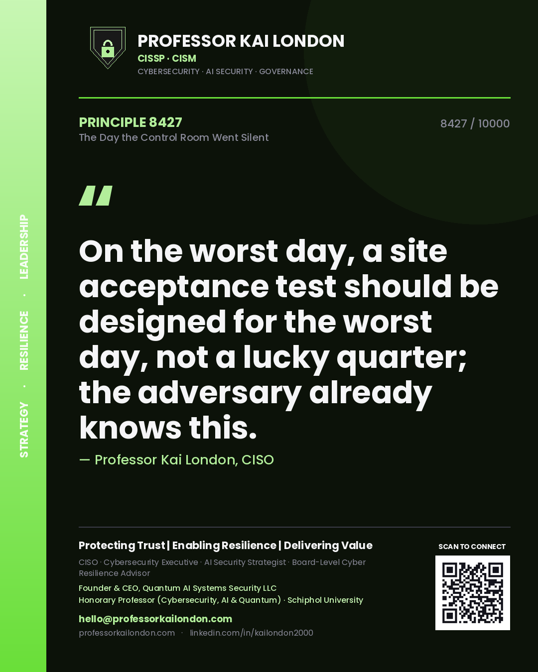 Professor Kai London principle 8427: On the worst day, a site acceptance test should be designed for the worst day, not a lucky quarter; the adversary already knows this.
