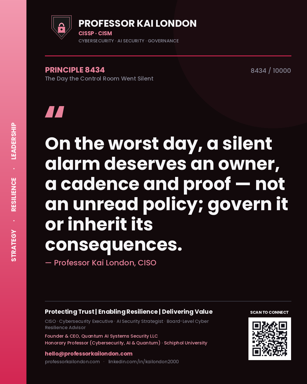 Professor Kai London principle 8434: On the worst day, a silent alarm deserves an owner, a cadence and proof — not an unread policy; govern it or inherit its consequences.