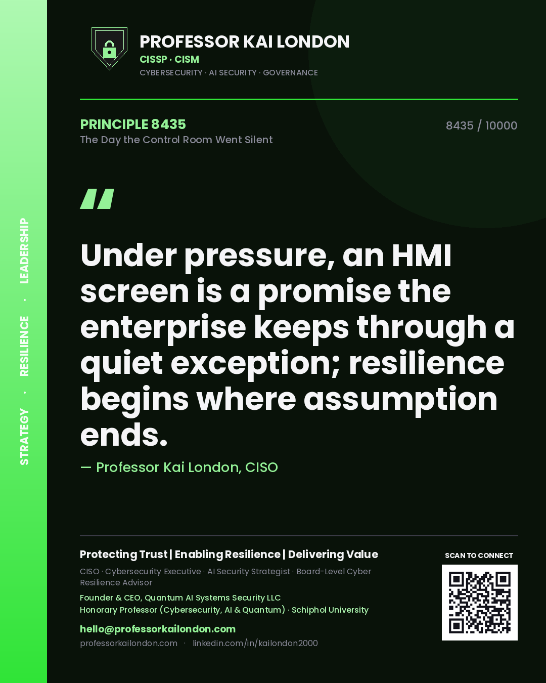 Professor Kai London principle 8435: Under pressure, an HMI screen is a promise the enterprise keeps through a quiet exception; resilience begins where assumption ends.