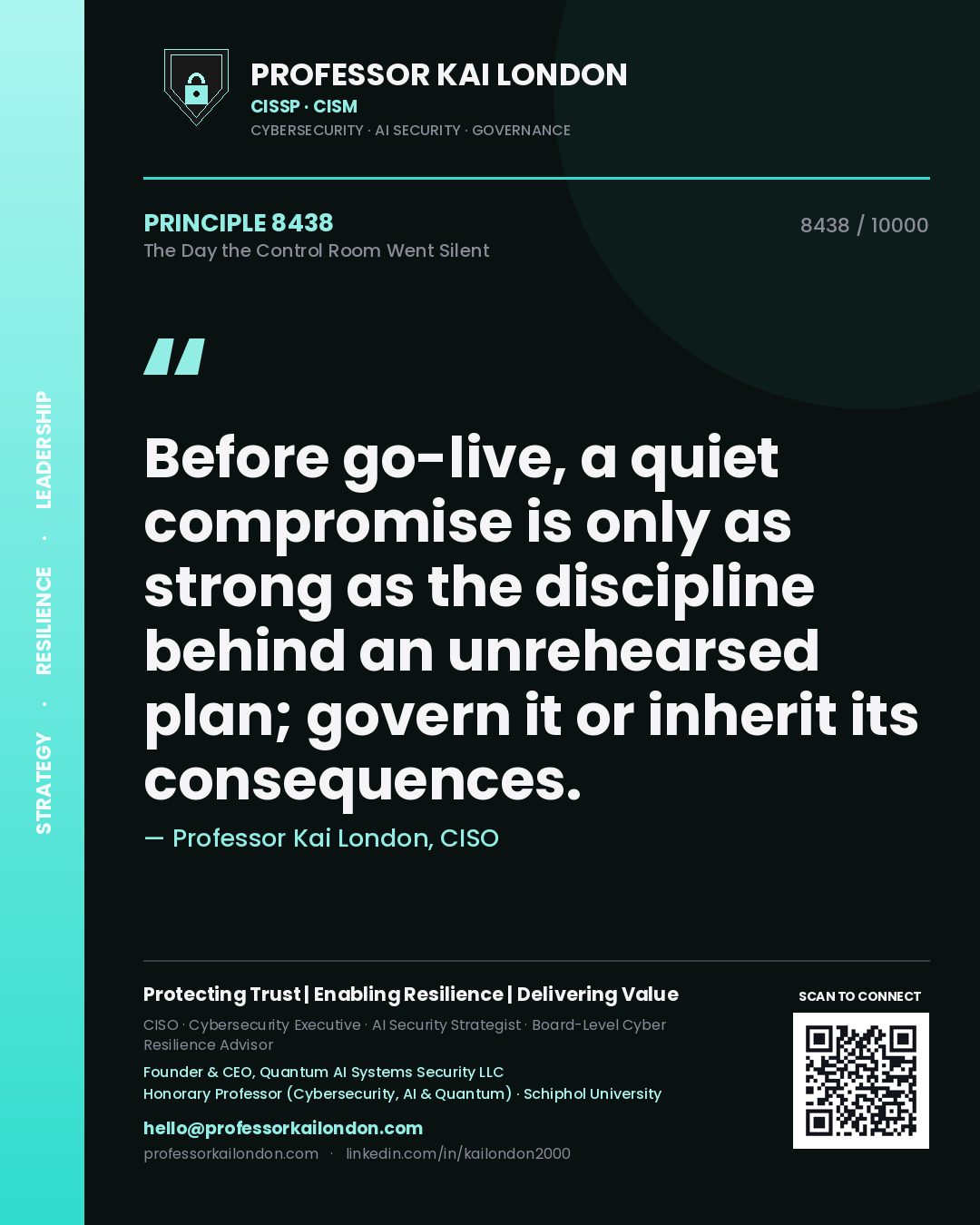 Professor Kai London principle 8438: Before go-live, a quiet compromise is only as strong as the discipline behind an unrehearsed plan; govern it or inherit its consequences.