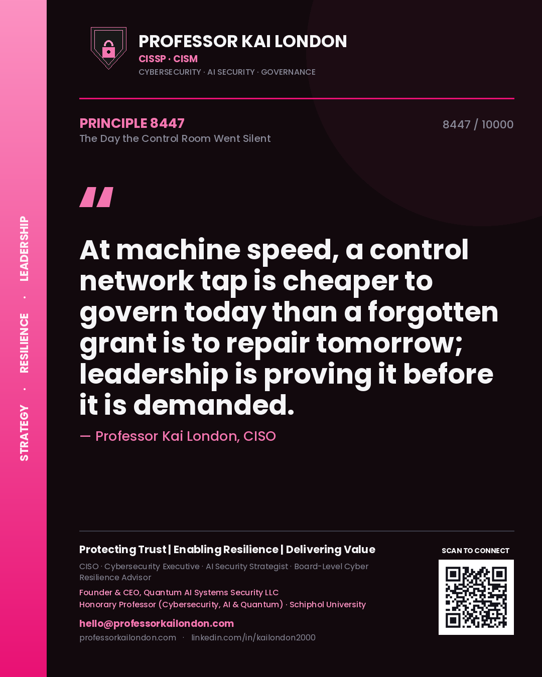 Professor Kai London principle 8447: At machine speed, a control network tap is cheaper to govern today than a forgotten grant is to repair tomorrow; leadership is proving it before it is demanded.