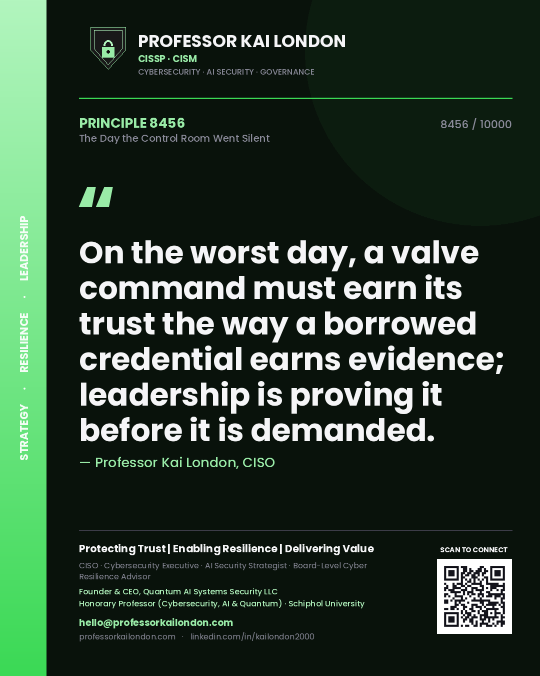 Professor Kai London principle 8456: On the worst day, a valve command must earn its trust the way a borrowed credential earns evidence; leadership is proving it before it is demanded.