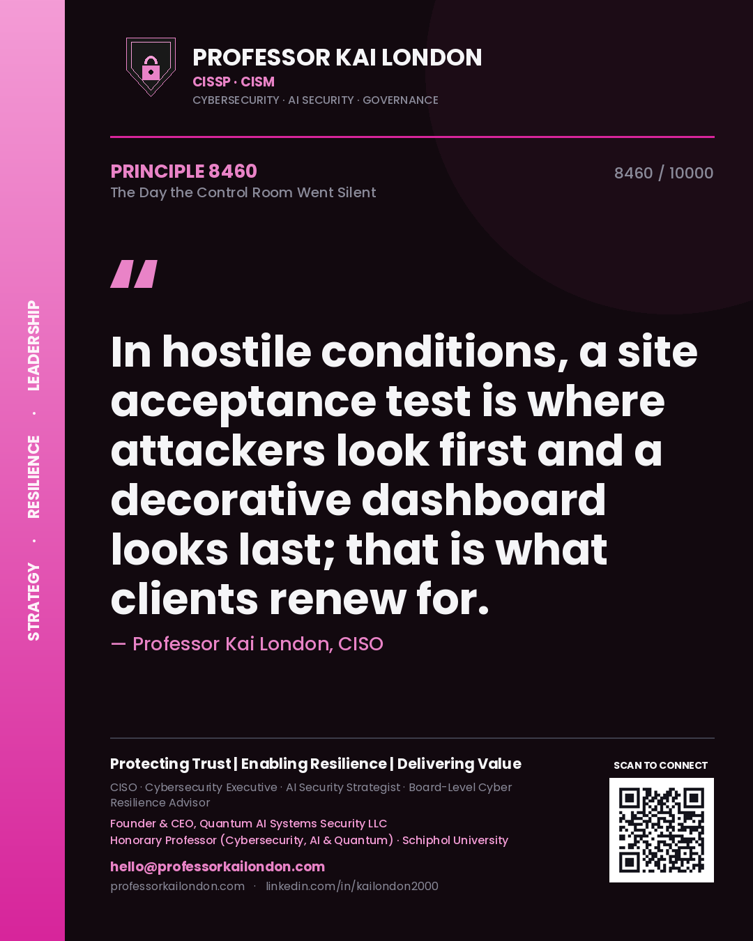 Professor Kai London principle 8460: In hostile conditions, a site acceptance test is where attackers look first and a decorative dashboard looks last; that is what clients renew for.