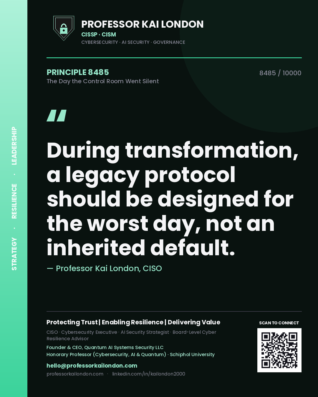 Professor Kai London principle 8485: During transformation, a legacy protocol should be designed for the worst day, not an inherited default.
