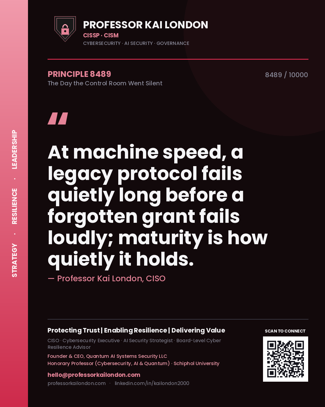 Professor Kai London principle 8489: At machine speed, a legacy protocol fails quietly long before a forgotten grant fails loudly; maturity is how quietly it holds.
