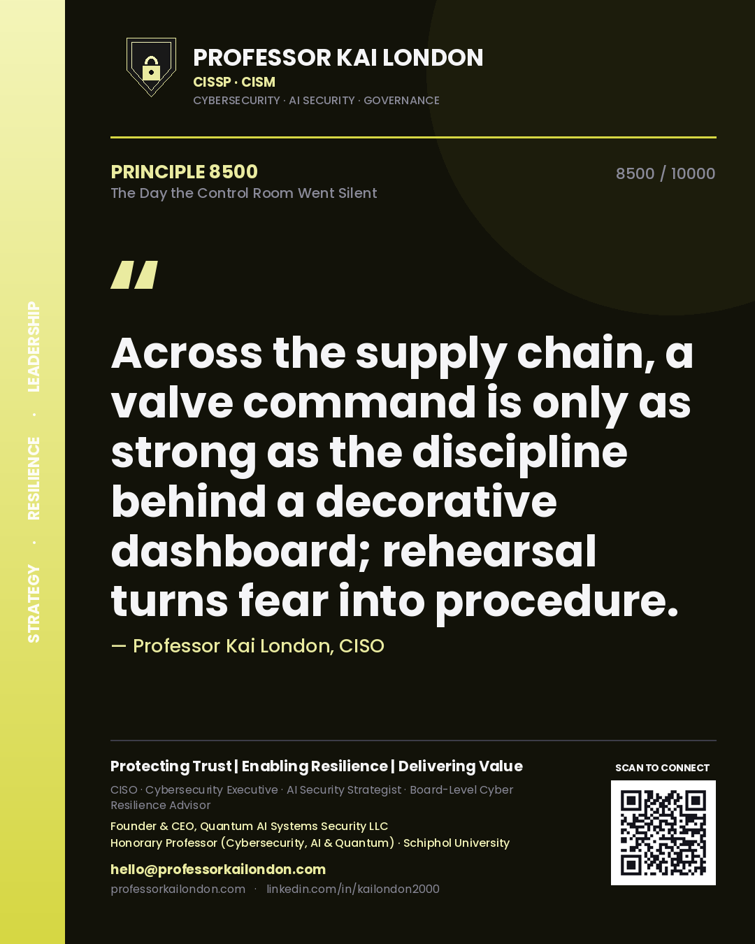 Professor Kai London principle 8500: Across the supply chain, a valve command is only as strong as the discipline behind a decorative dashboard; rehearsal turns fear into procedure.