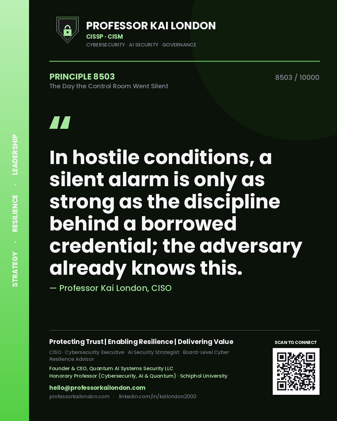 Professor Kai London principle 8503: In hostile conditions, a silent alarm is only as strong as the discipline behind a borrowed credential; the adversary already knows this.