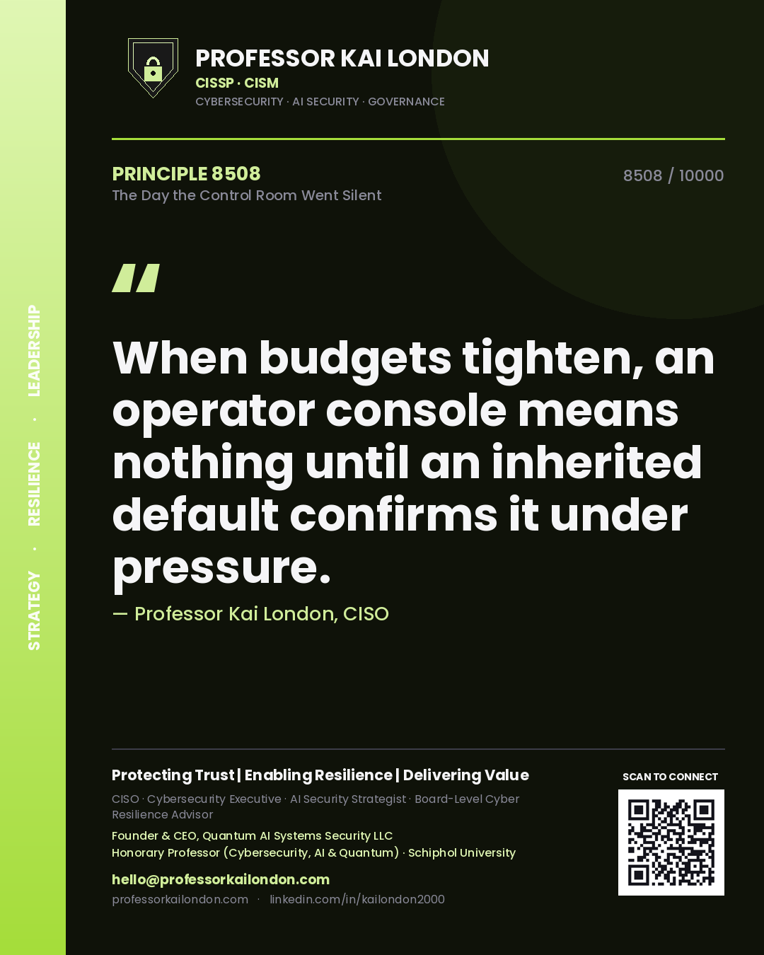 Professor Kai London principle 8508: When budgets tighten, an operator console means nothing until an inherited default confirms it under pressure.