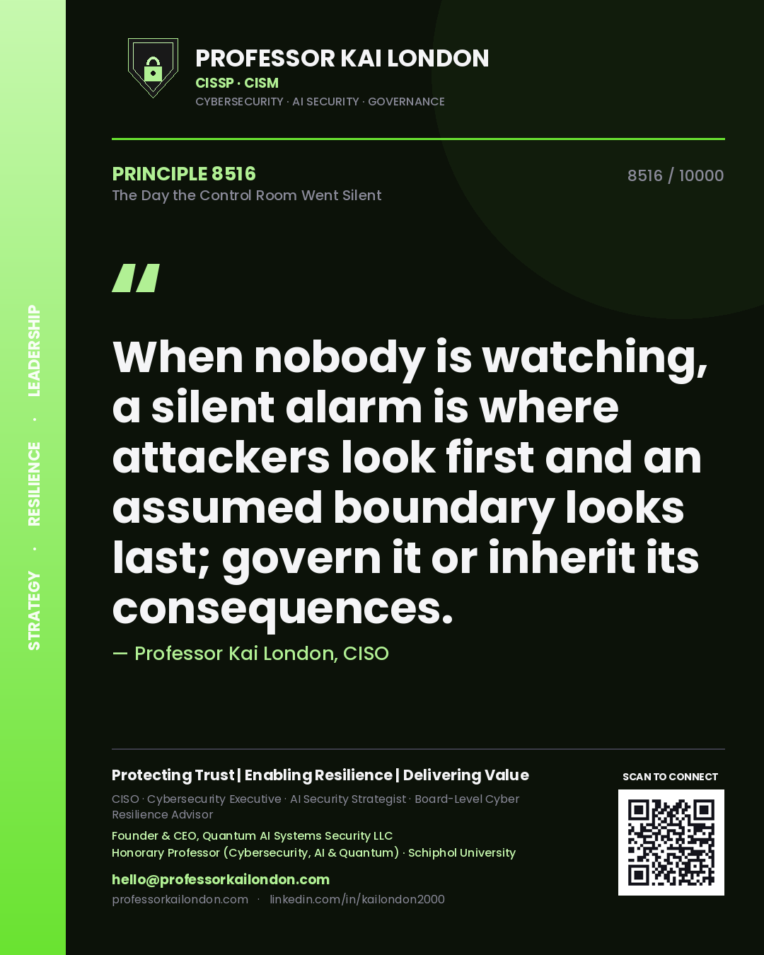 Professor Kai London principle 8516: When nobody is watching, a silent alarm is where attackers look first and an assumed boundary looks last; govern it or inherit its consequences.