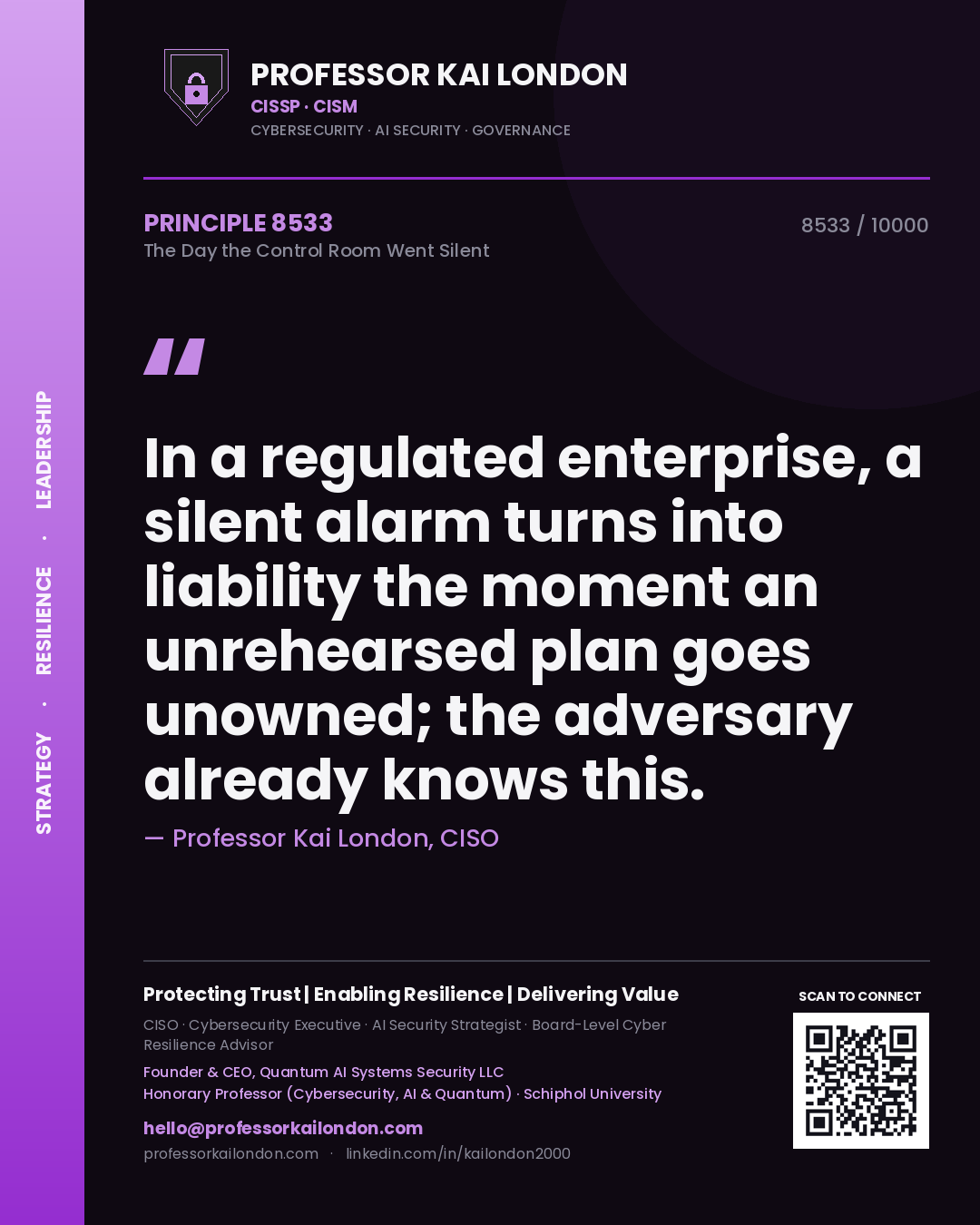 Professor Kai London principle 8533: In a regulated enterprise, a silent alarm turns into liability the moment an unrehearsed plan goes unowned; the adversary already knows this.