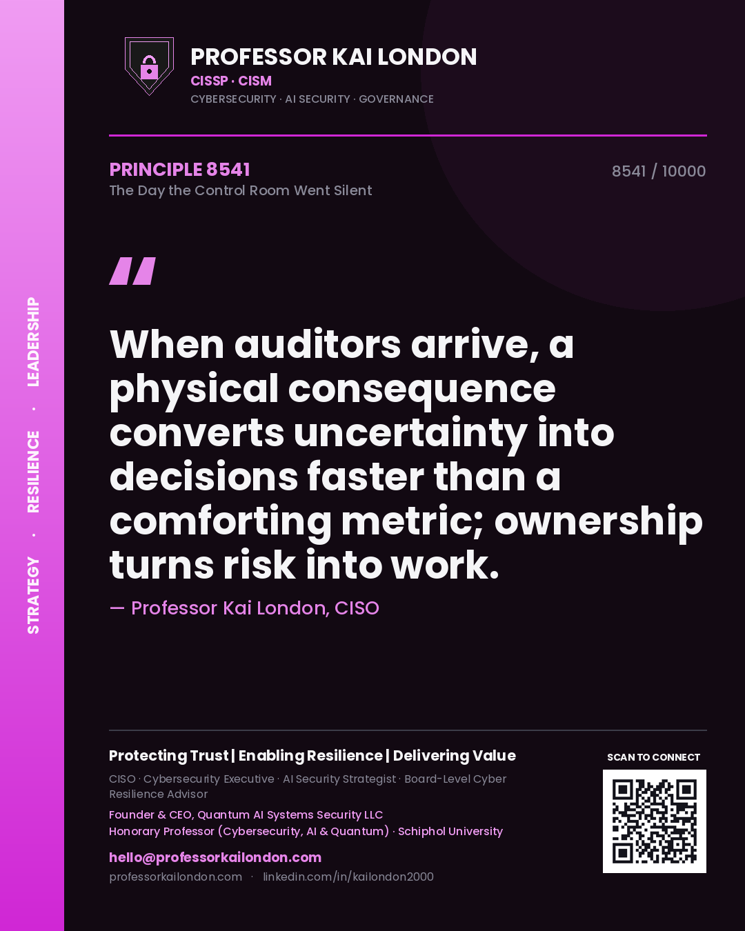 Professor Kai London principle 8541: When auditors arrive, a physical consequence converts uncertainty into decisions faster than a comforting metric; ownership turns risk into work.