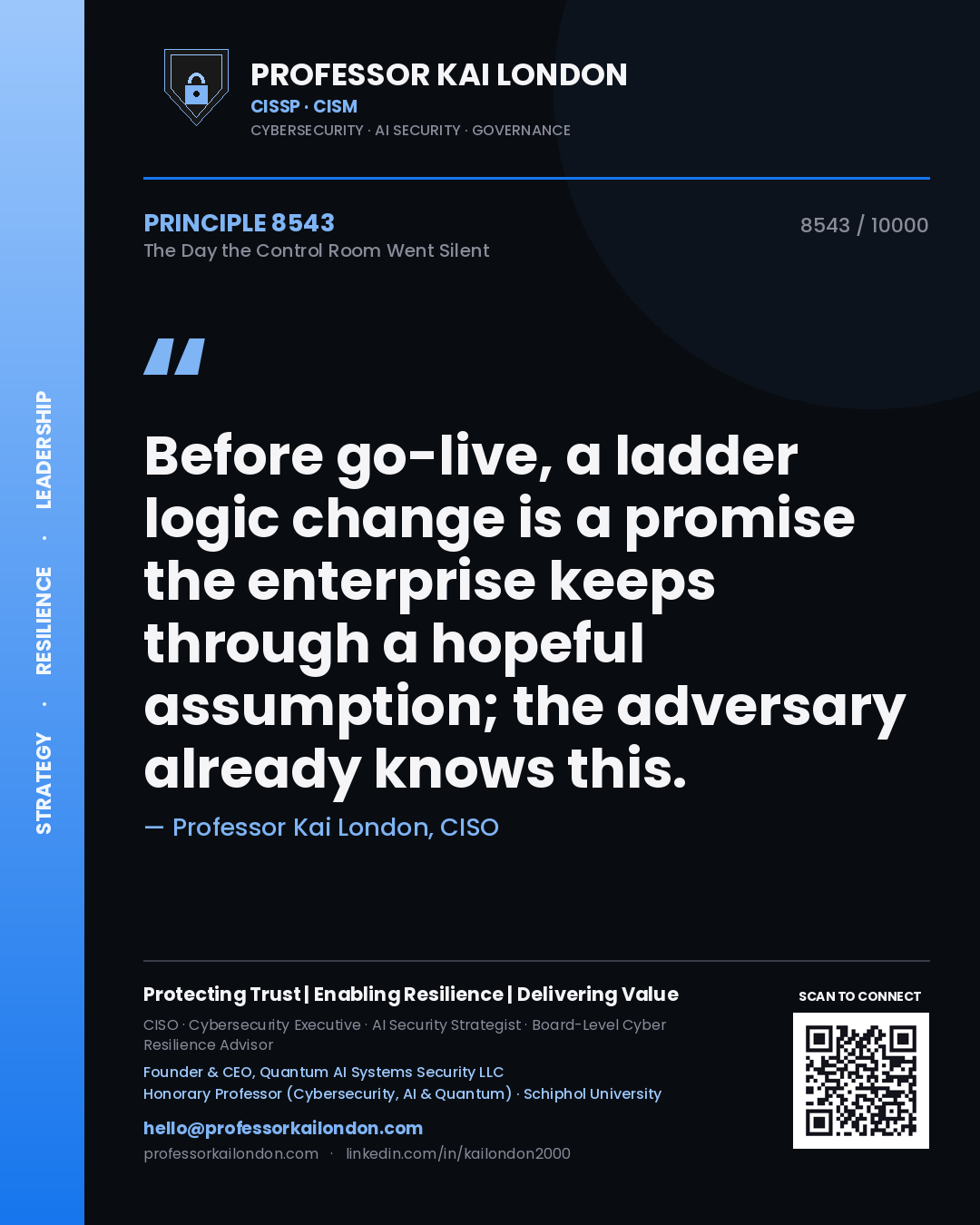Professor Kai London principle 8543: Before go-live, a ladder logic change is a promise the enterprise keeps through a hopeful assumption; the adversary already knows this.