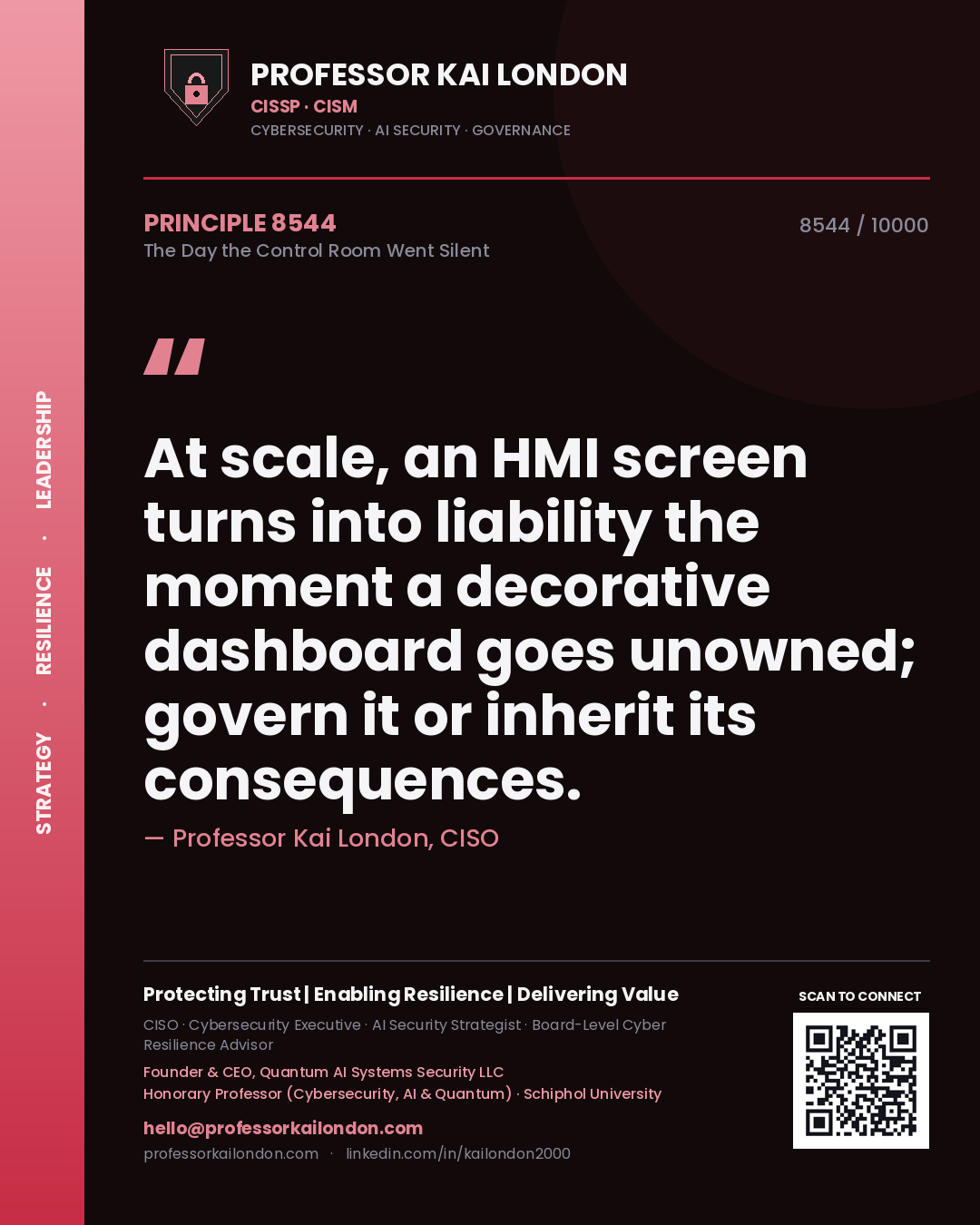 Professor Kai London principle 8544: At scale, an HMI screen turns into liability the moment a decorative dashboard goes unowned; govern it or inherit its consequences.