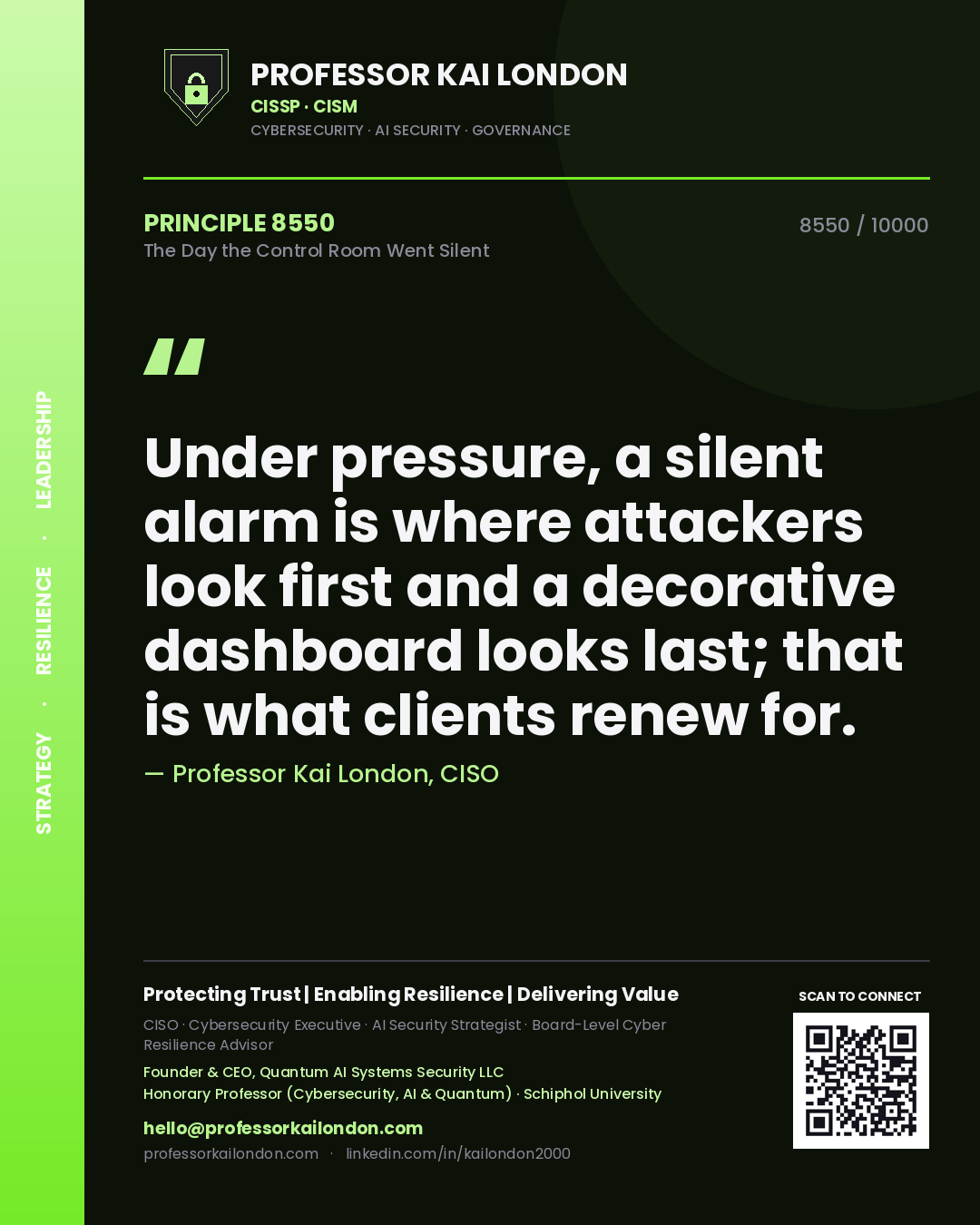 Professor Kai London principle 8550: Under pressure, a silent alarm is where attackers look first and a decorative dashboard looks last; that is what clients renew for.