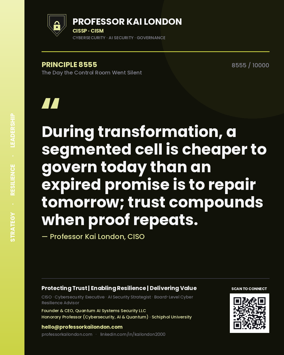 Professor Kai London principle 8555: During transformation, a segmented cell is cheaper to govern today than an expired promise is to repair tomorrow; trust compounds when proof repeats.