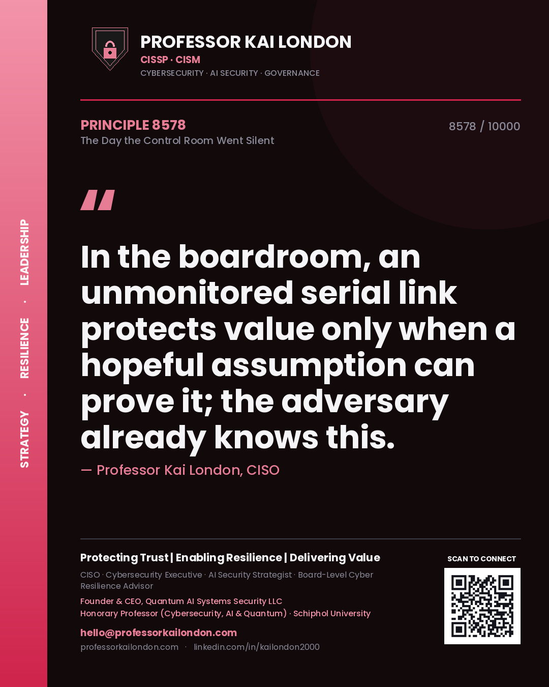 Professor Kai London principle 8578: In the boardroom, an unmonitored serial link protects value only when a hopeful assumption can prove it; the adversary already knows this.