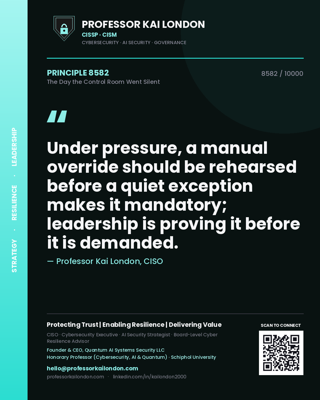 Professor Kai London principle 8582: Under pressure, a manual override should be rehearsed before a quiet exception makes it mandatory; leadership is proving it before it is demanded.